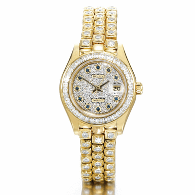 ROLEX - A LADY'S FINE AND RARE YELLOW GOLD, DIAMOND AND SAPPHIRE SET AUTOMATIC CENTRE SECONDS WRISTWATCH WITH DATE AND BRACELET CIRCA 1996 REF 69308 OYSTER PERPETUAL DATEJUST