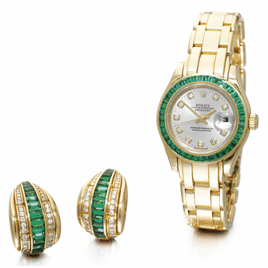 ROLEX - A fine lady's yellow gold, diamond and emerald automatic bracelet watch with matching earrings circa 1995 ref 69308 Oyster Perpetual Datejust