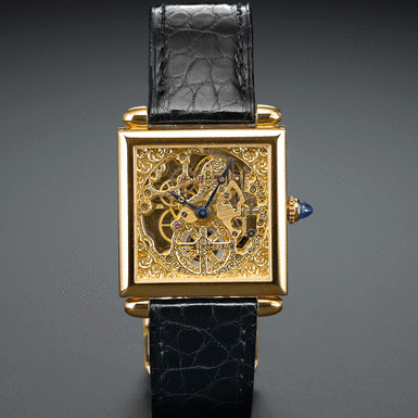 CARTIER - A LIMITED EDITION YELLOW GOLD SKELETONIZED SQUARE WRISTWATCH CIRCA 1997 REF 2380C OBUS NO 46/100