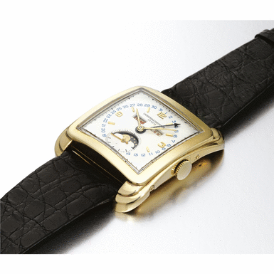 VACHERON CONSTANTIN - A FINE AND RARE LARGE 18K YELLOW GOLD CUSHION FORM TRIPLE CALENDAR WRISTWATCH WITH MOON-PHASES CIRCA 1953 REF 4764