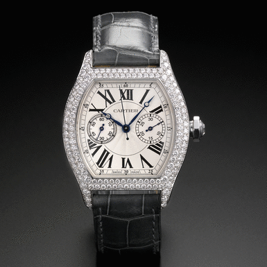 CARTIER - A FINE AND RARE WHITE GOLD AND DIAMOND SET TONNEAU FORM SINGLE BUTTON CHRONOGRAPH WRISTWATCH WITH REGISTER CIRCA 2005 REF 2396G TORTUE