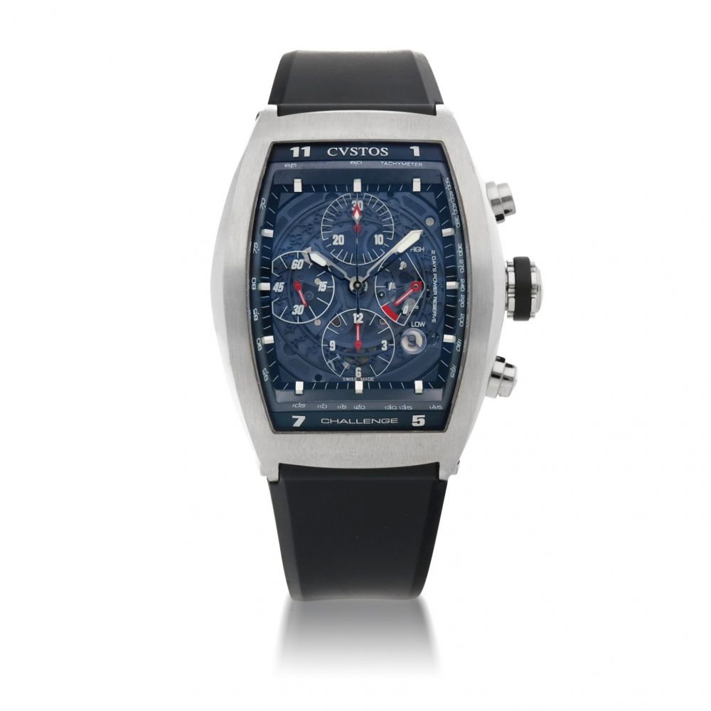CVSTOS | CHALLENGE STAINLESS STEEL CHRONOGRAPH WRISTWATCH WITH DATE AND PWER RESERVE INDICATION CIRCA 2015
