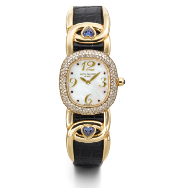 PATEK PHILIPPE - A LADY'S YELLOW GOLD, DIAMOND AND SAPPHIRE-SET OVAL WRISTWATCH WITH MOTHER-OF-PEARL DIAL 1995 REF 4834/11 GOLDEN ELLIPSE