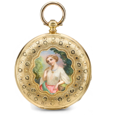ROBERT BRANDT & CO. - A YELLOW GOLD AND ENAMEL HUNTING-CASED LEVER PENDANT WATCH MADE FOR THE SPANISH MARKET CIRCA 1840