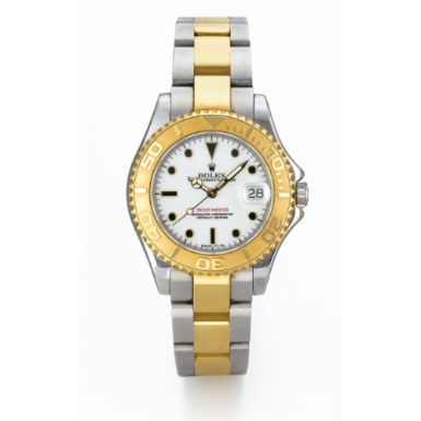 ROLEX - A YELLOW GOLD AND STAINLESS STEEL AUTOMATIC CENTER SECONDS WRISTWATCH WITH DATE AND BRACELET CIRCA 1997 REF 69623 YACHT-MASTER