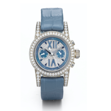 GIRARD-PERREGAUX - A LADY'S WHITE GOLD AND DIAMOND-SET AUTOMATIC CHRONOGRAPH WRISTWATCH WITH REGISTER AND MOTHER-OF-PEARL DIAL CIRCA 2005 REF 8047