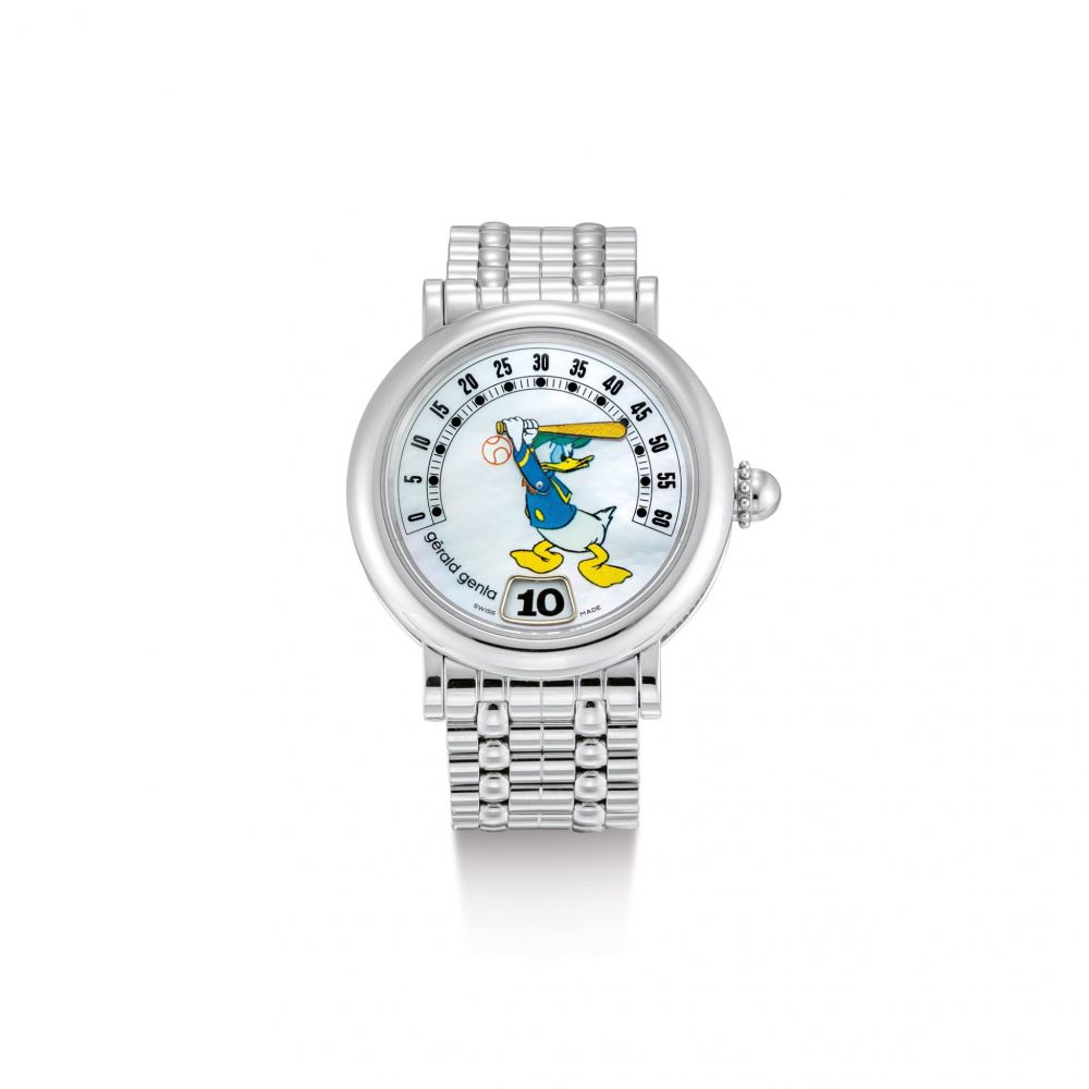 GERALD GENTA | FANTASY RETRO DONALD DUCK, REFERENCE REF.M.10, A STAINLESS STEEL JUMPING HOUR WRISTWATCH WITH RETROGRADE MINUTES, MOTHER-OF-PEARL DIAL AND BRACELET, CIRCA 2000 | Fantasy Retro Donald Duck 型號REF.M.10 精鋼跳時鏈帶腕錶，備逆跳分鐘及珠母貝錶盤，錶殼編號100296，約2000年製