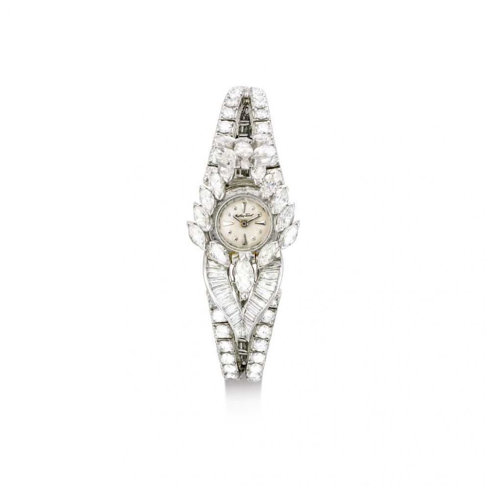 MATHEY TISSOT | A PLATINUM AND DIAMOND-SET BRACELET WATCH WITH CONCEALED DIAL, CIRCA 1960 | 鉑金鑲鑽石鏈帶腕錶，備隱藏式錶盤，約1960年製