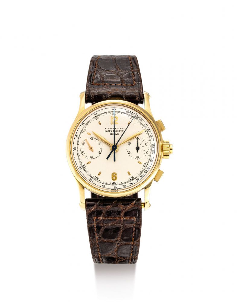 PATEK PHILIPPE | REFERENCE 1436, A HIGHLY EXCEPTIONAL AND POSSIBLY UNIQUE YELLOW GOLD SPLIT SECONDS CHRONOGRAPH WRISTWATCH WITH ORIGINAL BOX, RETAILED BY TIFFANY & CO., MADE IN 1960 AND SOLD IN 1961 | 百達翡麗 | 型號1436 非常精美及獨特黃金追針計時腕錶，備有原裝盒子，由蒂芙尼發行，1960年製及196