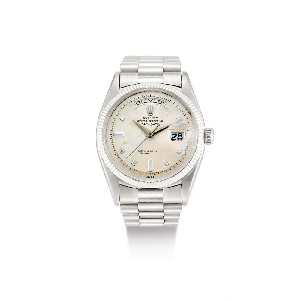 ROLEX | DAY-DATE, REFERENCE 6611B, A WHITE GOLD AND DIAMOND-SET WRISTWATCH WITH DAY, DATE AND BRACELET, CIRCA 1958 | 勞力士 | Day-Date 型號6611B 白金鑲鑽石鏈帶腕錶，備日期及星期顯示，錶殼編號401552，約1958年製