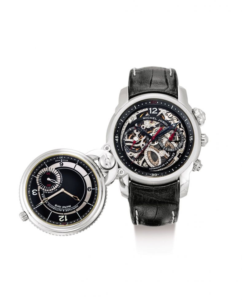 MICHEL JORDI | SQUELETTE HDV, A LIMITED EDITION WHITE GOLD SWIVELING SEMI-SKELETONISED DUAL TIME ZONE CHRONOGRAPH WRISTWATCH, CIRCA 2007 | Squelette HDV 限量版白金鏤空兩地時間計時腕錶，錶殼編號15/28，約2007年製