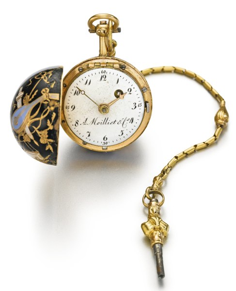 A Moilliet & Cie A YELLOW GOLD AND ENAMEL BALL-FORM VERGE WATCH CIRCA 1790