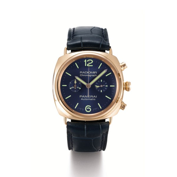 Panerai A FINE SPECIAL EDITION PINK GOLD AUTOMATIC CUSHION-FORM CHRONOGRAPH WRISTWATCH WITH REGISTER, LIMITED TO 100 PIECES MADE IN 2011 PAM00370 RADIOMIR CHRONO ORO ROSA
