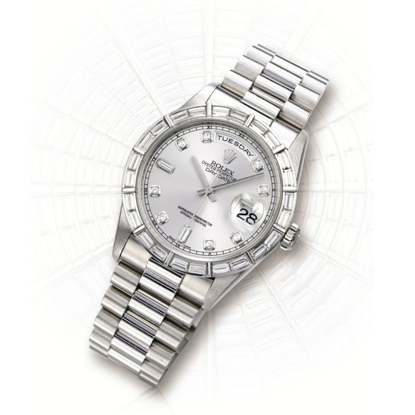Rolex A FINE PLATINUM AND DIAMOND-SET AUTOMATIC CENTRE SECONDS WRISTWATCH WITH DATE AND BRACELET CIRCA 1999 REF 18366 CASE A661361 OYSTER PERPETUAL DAY-DATE