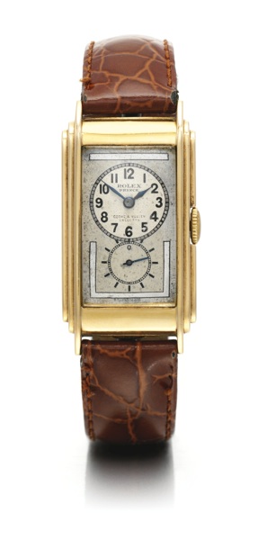 Rolex RETAILLED BY COOKE & KELVEY, CALCUTTA: AN 18K YELLOW GOLD RECTANGULAR DUO-DIALLED WRISTWATCH REF 1527 CASE 6168 PRINCE RAILWAY CIRCA 1930