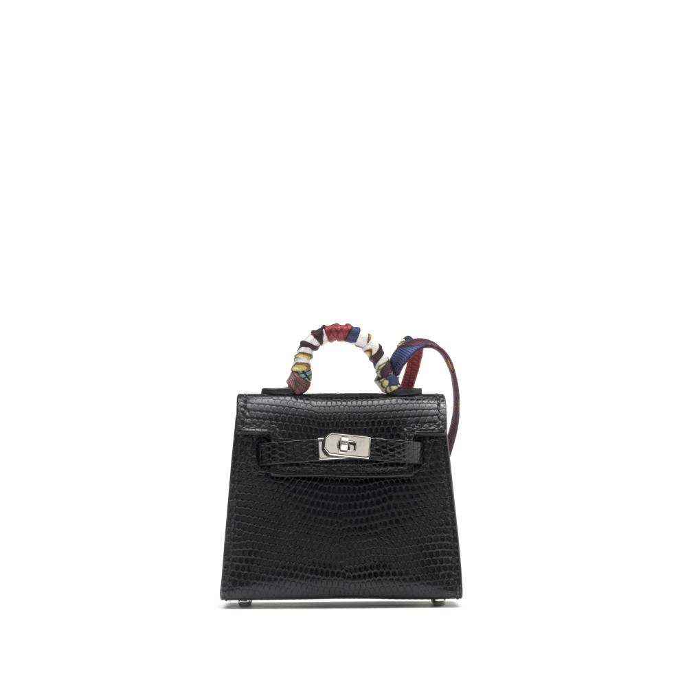 Black Shiny Niloticus Lizard Micro Mini Twilly Kelly Bag Charm Palladium Hardware, 2022