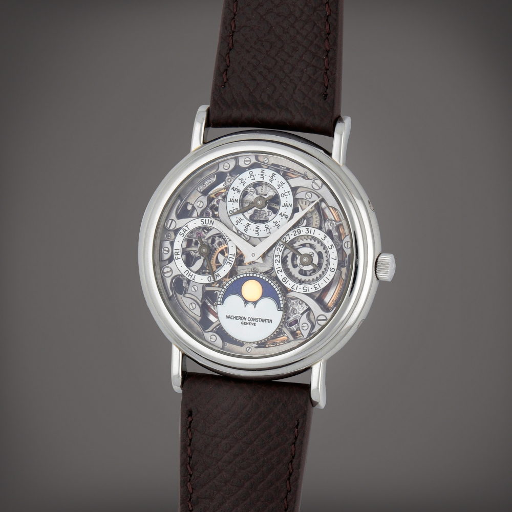Vacheron Constantin

Reference 43032 | A platinum skeletonized perpetual calendar wristwatch with lapis lazuli moon phases and leap year indication | Made in 1995