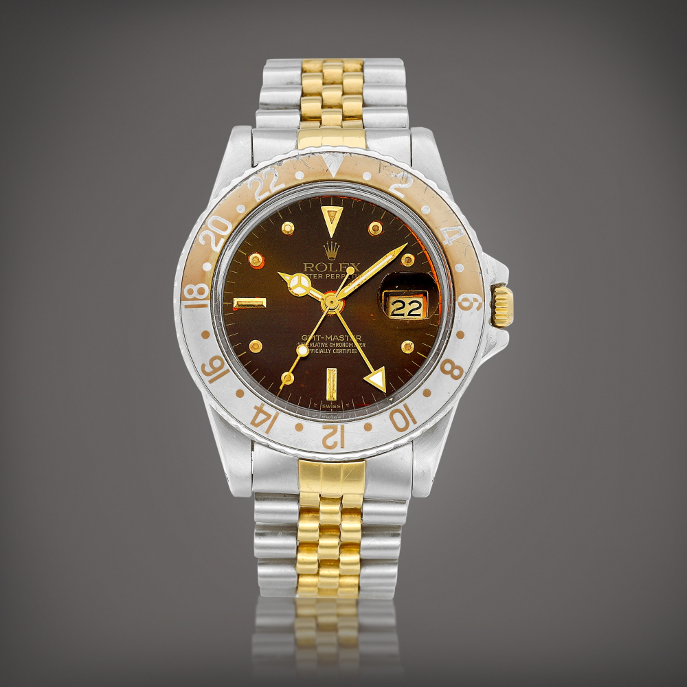 GMTMaster Root Beer Reference 16753  A yellow gold and stainless steel dual time zone wristwatch with date tropical nipple dial and bracelet Circa 1983    GMTMaster Root Beer 16753  1983