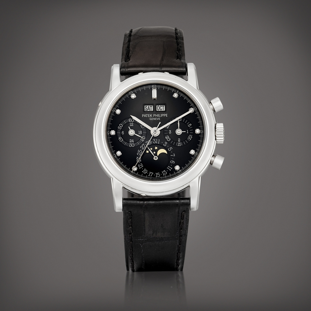 Reference 3970  A platinum and diamondset perpetual calendar chronograph wristwatch with moon phases 24 hours and leap year indication Circa 1996    3970  241996