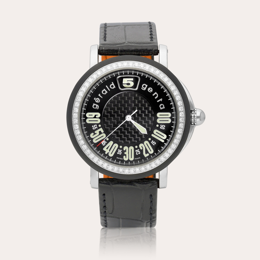 Gérald Genta Retro Sport, Reference G.3694 A stainless steel and diamond-set jumping hour wristwatch with retrograde minutes, Circa 2005 | Retro Sport 型號G.3694 | 精鋼鑲鑽石跳時腕錶，備逆跳分鐘，約2005年製