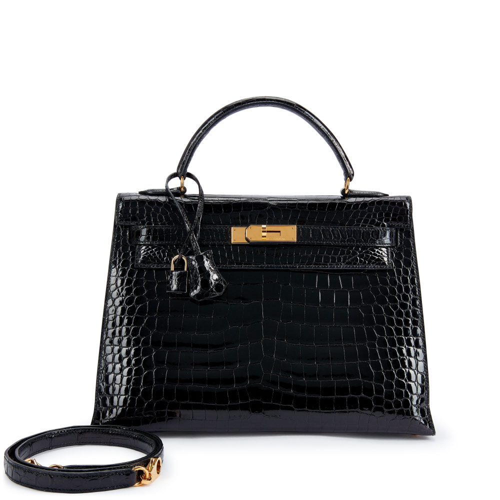 Hermès Vintage Black Shiny Porosus Crocodile Kelly 32 Sellier Gold Hardware, 1998