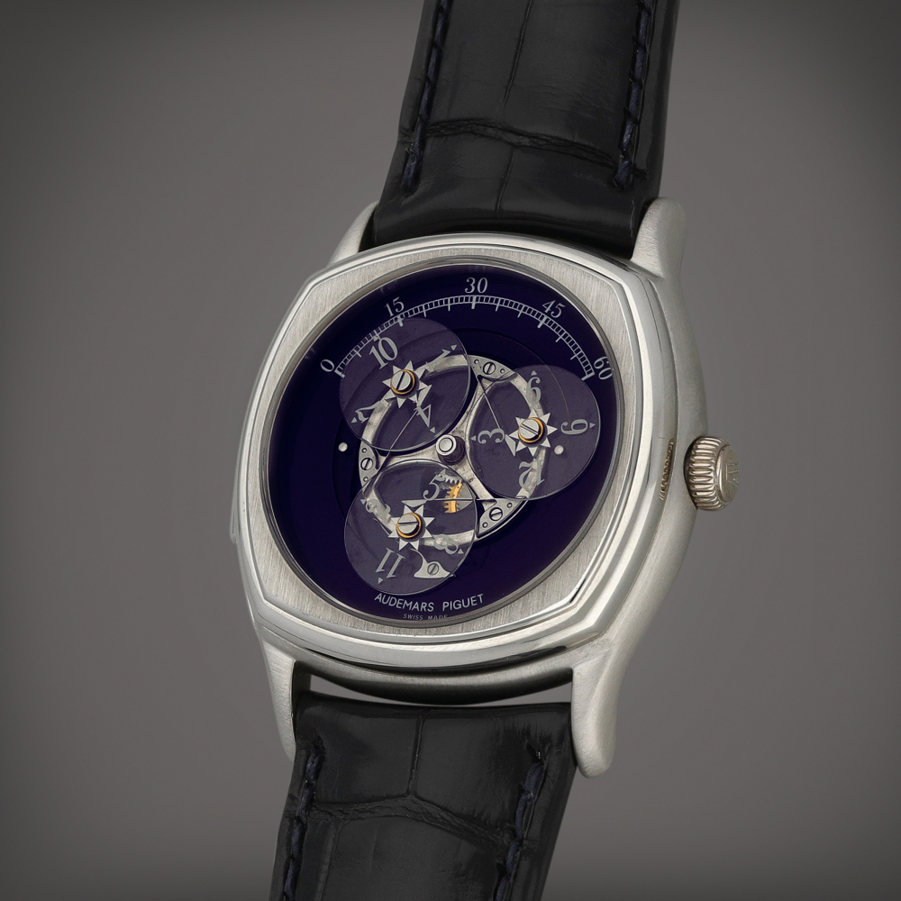 Audemars Piguet Répétition Minutes John Schaeffer, Reference 25881 | A limited edition platinum minute repeating wristwatch with satellite hour display | Circa 1995