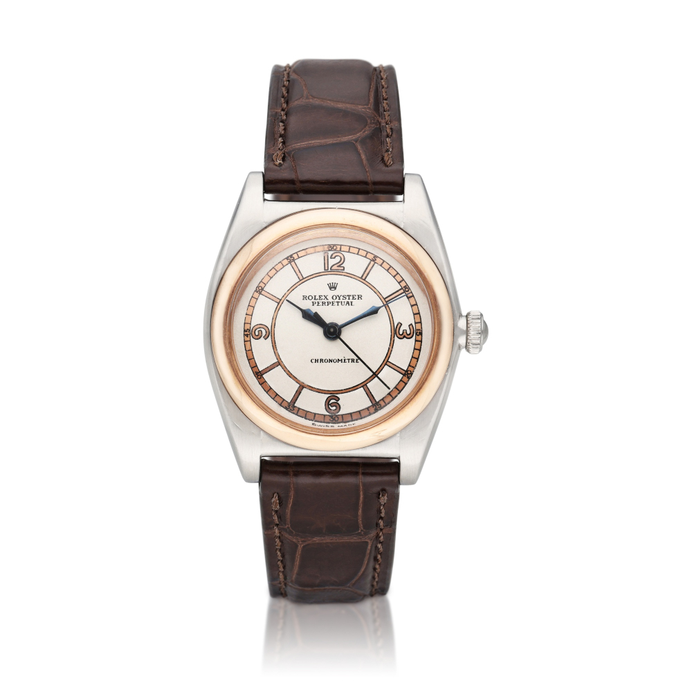 Reference 3133 Bubbleback | A pink gold and stainless steel automatic wristwatch, Circa 1945