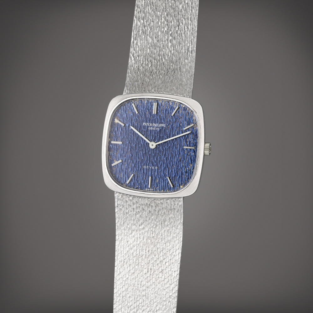 Reference 3566 1 Golden Ellipse | Retailed by Beyer: A white gold cushion shaped bracelet watch, Circa 1970