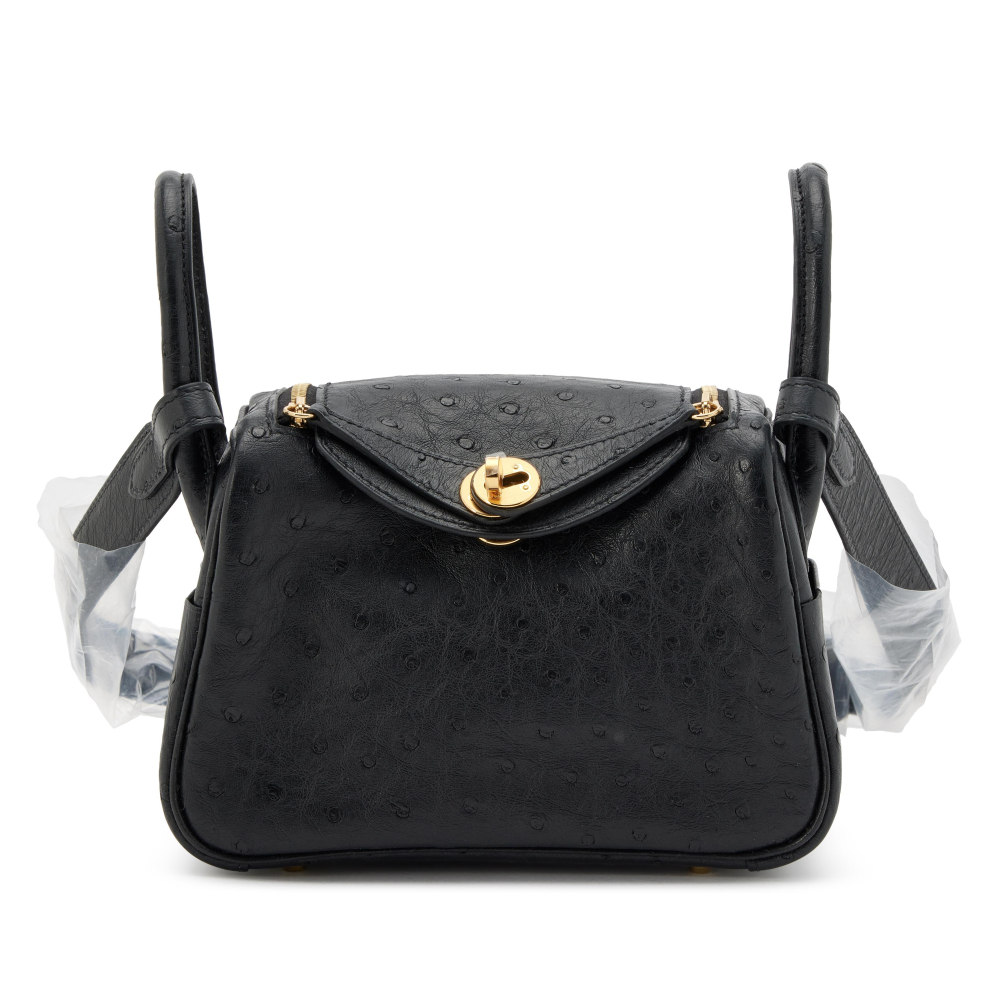 Hermès Black Ostrich Mini Lindy 20 Gold Hardware, 2021