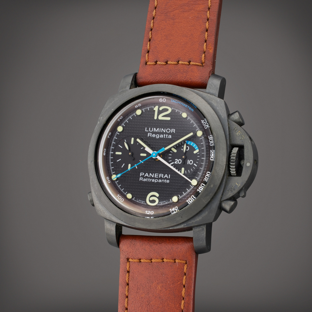 PROPERTY FROM THE COLLECTION OF SYLVESTER STALLONE Panerai Reference PAM00332 Luminor 1950 Regatta 'Classic Yachts Challenge' | A limited edition PVD-coated stainless steel automatic split-seconds chronograph wristwatch, Owned and Worn by Sylvester Stallo