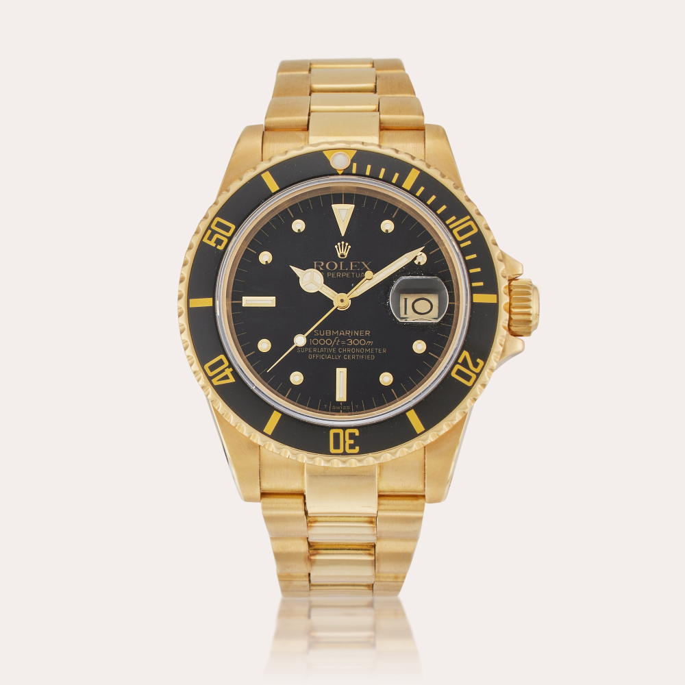 PROPERTY FROM THE ORIGINAL OWNER, MR. AL GIDDINGS Rolex Reference 1680/8 ‘Nipple Dial’ Submariner | A yellow gold automatic wristwatch with date and bracelet, Owned by Al Giddings and Screenworn by Bill Paxton in 'Titanic', Circa 1984