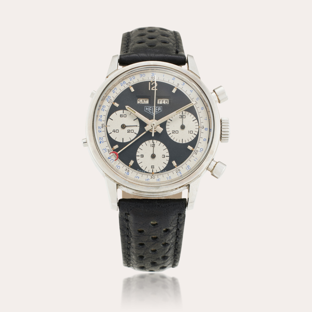 HEUER CHAMPIONS Heuer Reference 2547NS Carrera 'Dato 12 Reverse Panda' | A stainless steel triple calendar chronograph wristwatch, Circa 1970