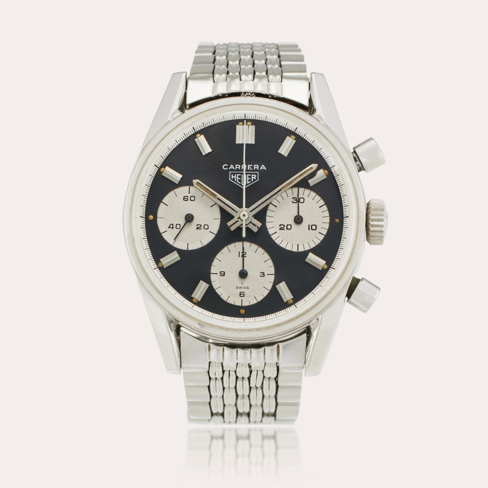 HEUER CHAMPIONS Heuer Reference 2447NS Carrera 'Reverse Panda' | A stainles steel chronograph wristwatch, Circa 1965