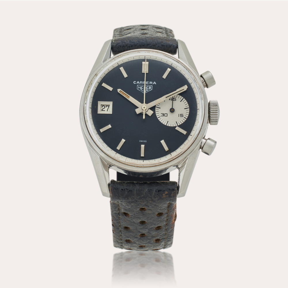 HEUER CHAMPIONS Heuer Reference 3147S Carrera ‘Dato 45’ | A stainless steel chronograph wristwatch with date, Awarded to Racecar Driver John Morton at the 1970 SCCA Road Atlanta Runoffs, Circa 1970