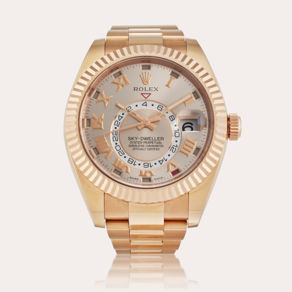 Rolex Reference 326935 Sky Dweller | A pink gold automatic annual calendar dual time zone wristwatch with bracelet, Circa 2015