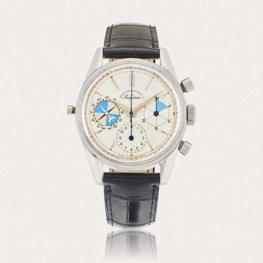 Heuer Reference 2447 Seafarer | Retailed by Abercrombie & Fitch Co.: A stainless steel chronograph wristwatch with tide indicator, Circa 1965