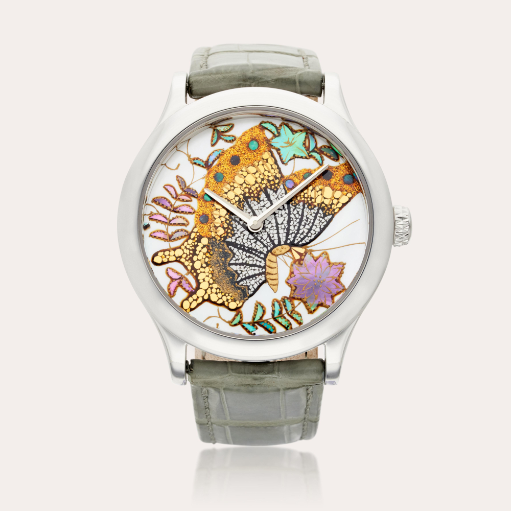 Van Cleef & Arpels Midnight Extraordinary Japanese Lacquer | A limited edition white gold automatic wristwatch with mother-of-pearl and maki-e lacquer dial depicting a butterfly resting amongst flowers, Circa 2010