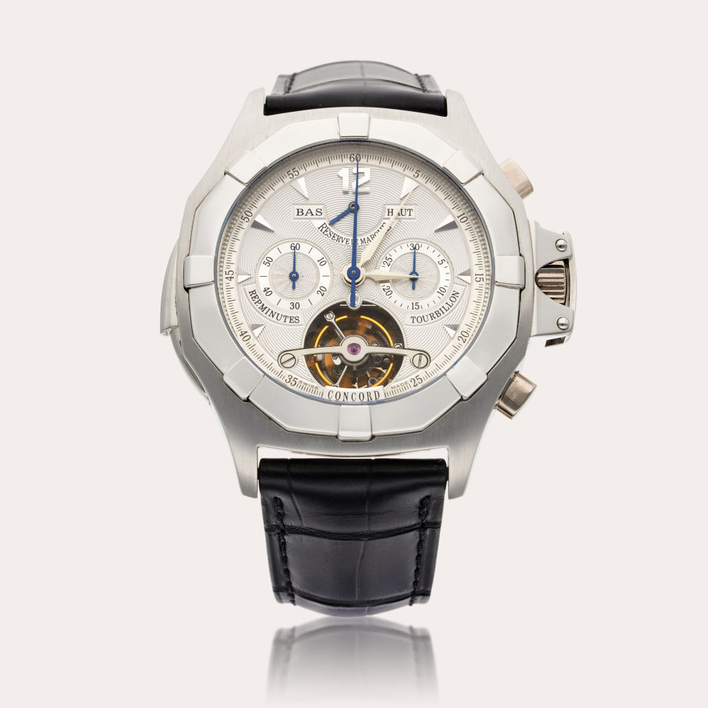 Concord Reference Saratoga Grand Master | A unique platinum semi-skeletonized minute repeating tourbillon chronograph wristwatch with power reserve indication, Circa 2002