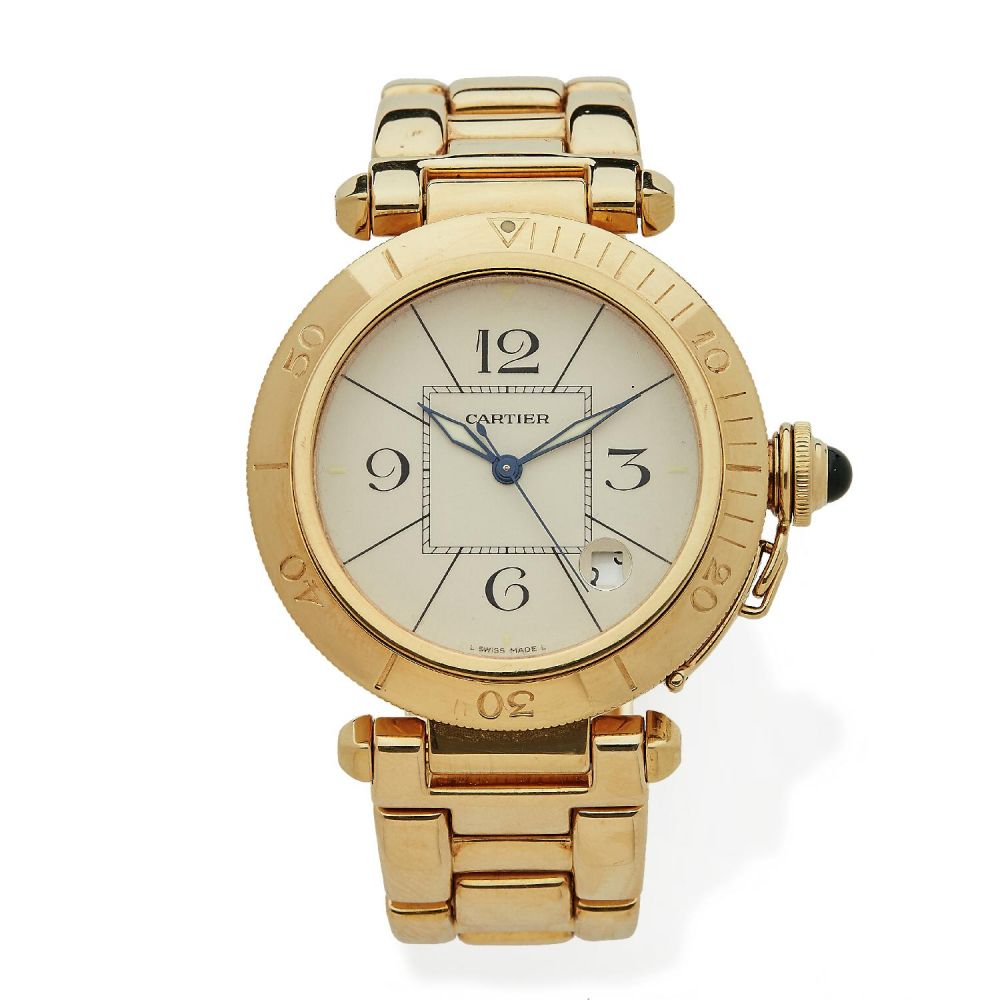 CARTIER PASHA. REF - 1989 A gold 18K self winding wristwatch by Cartier, circa 1989. With certificat, Cartier service invoice and tw...