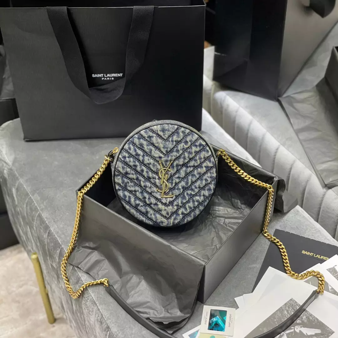 Saint Laurent YSL Women Vinyle Round Camera Bag in Chevron-Quilted Denim and Suede
