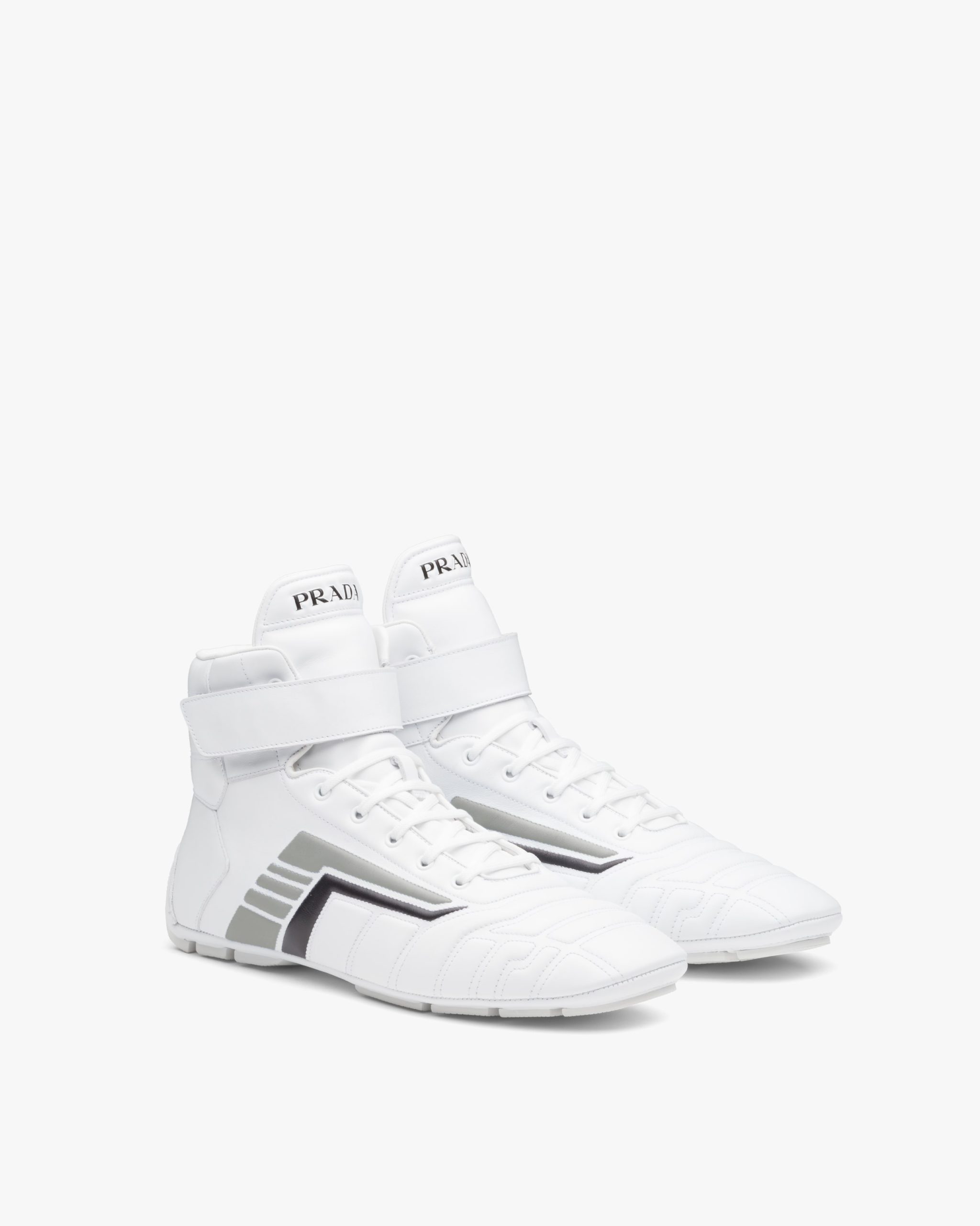 White/gray Prada Rev leather high-top sneakers