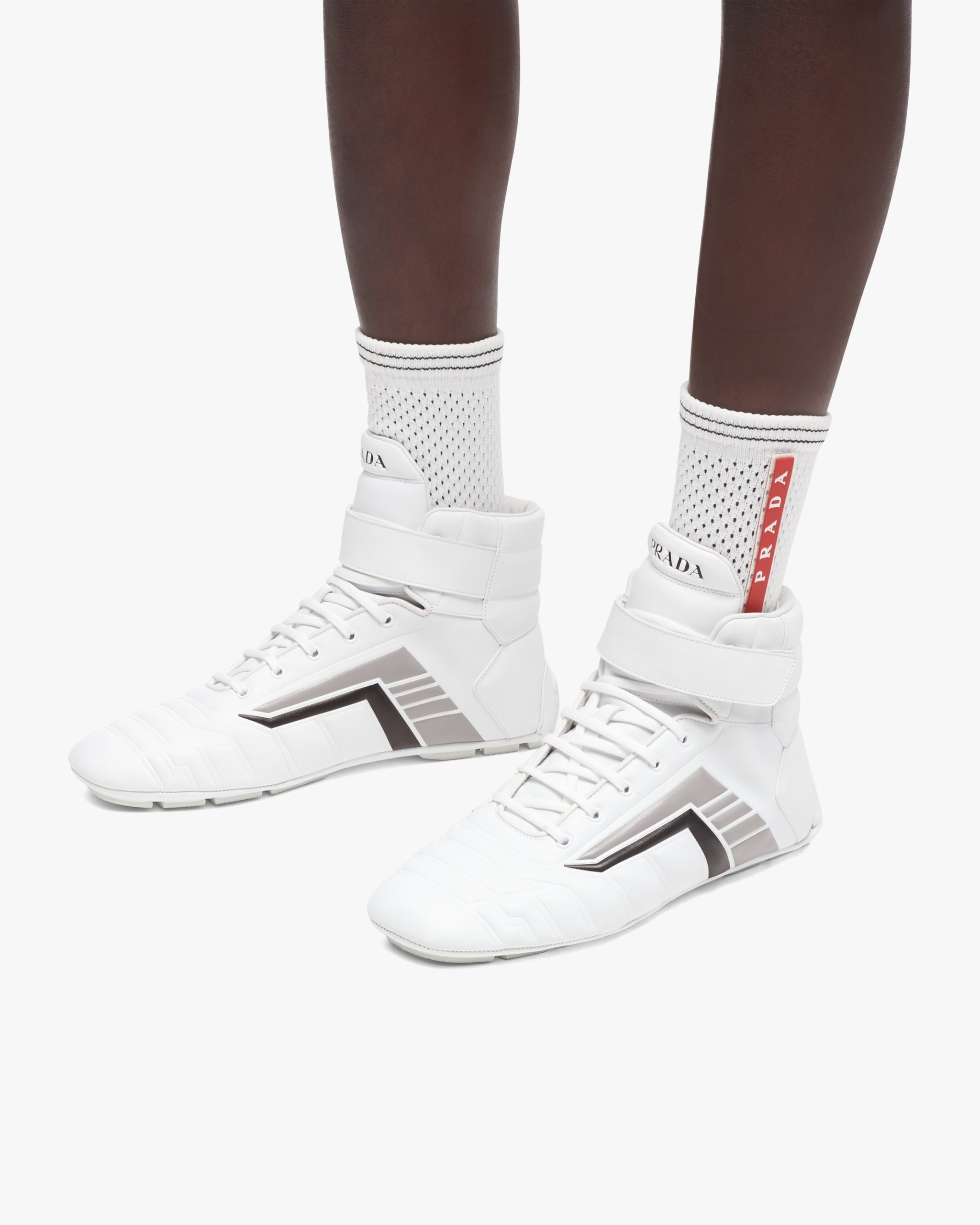 White/gray Prada Rev leather high-top sneakers - Image 5