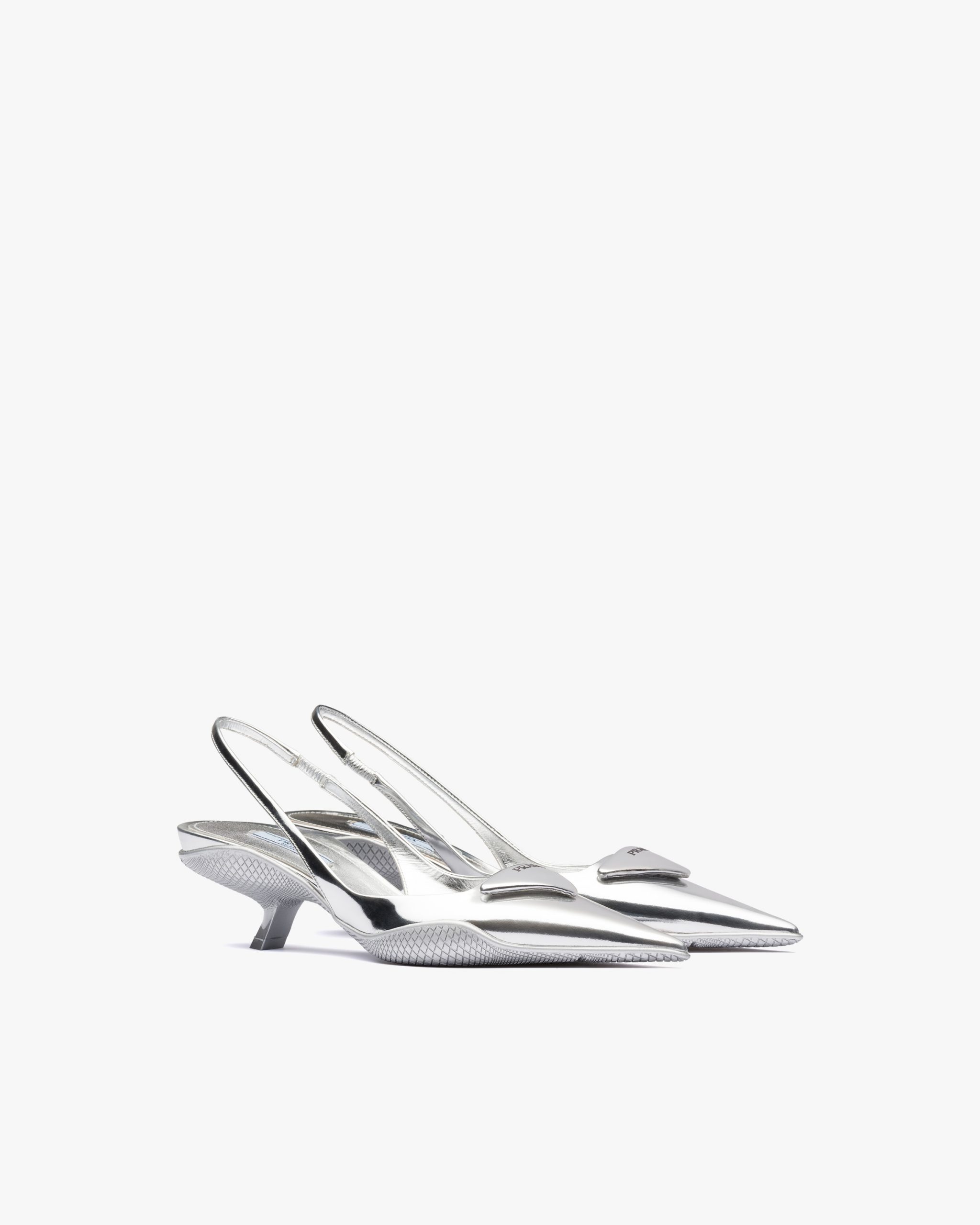 Silver Brushed leather slingback pumps
